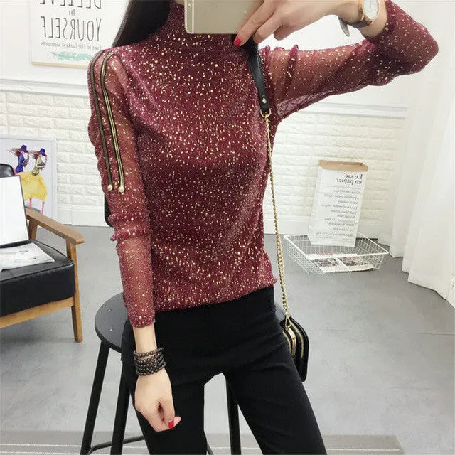 Summer New Fashion Women Summer Bling T Shirt Casual Woman Shining Full Sleeve Tops Turtleneck Plus Size tee 72306 GS