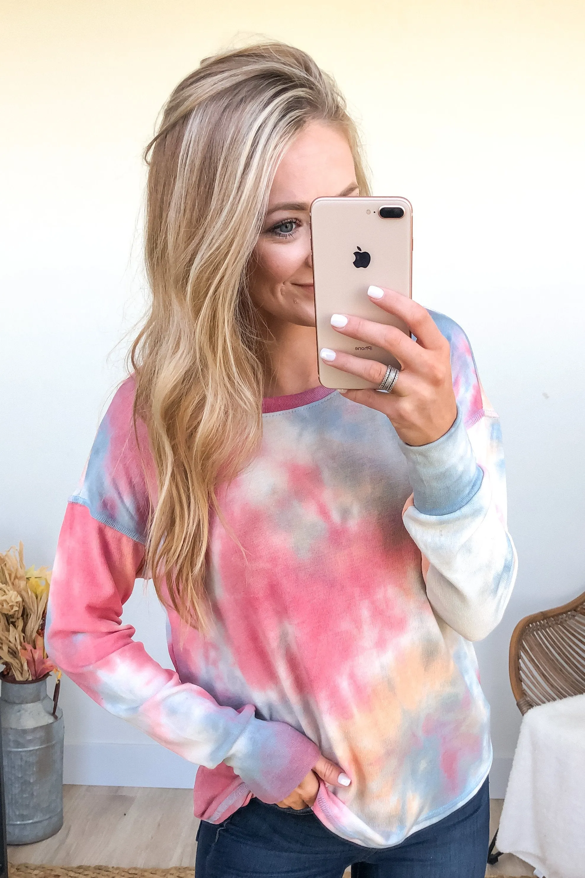 Tie Dye Lounge Pullover Top- Cherry, Light Orange, & Blue