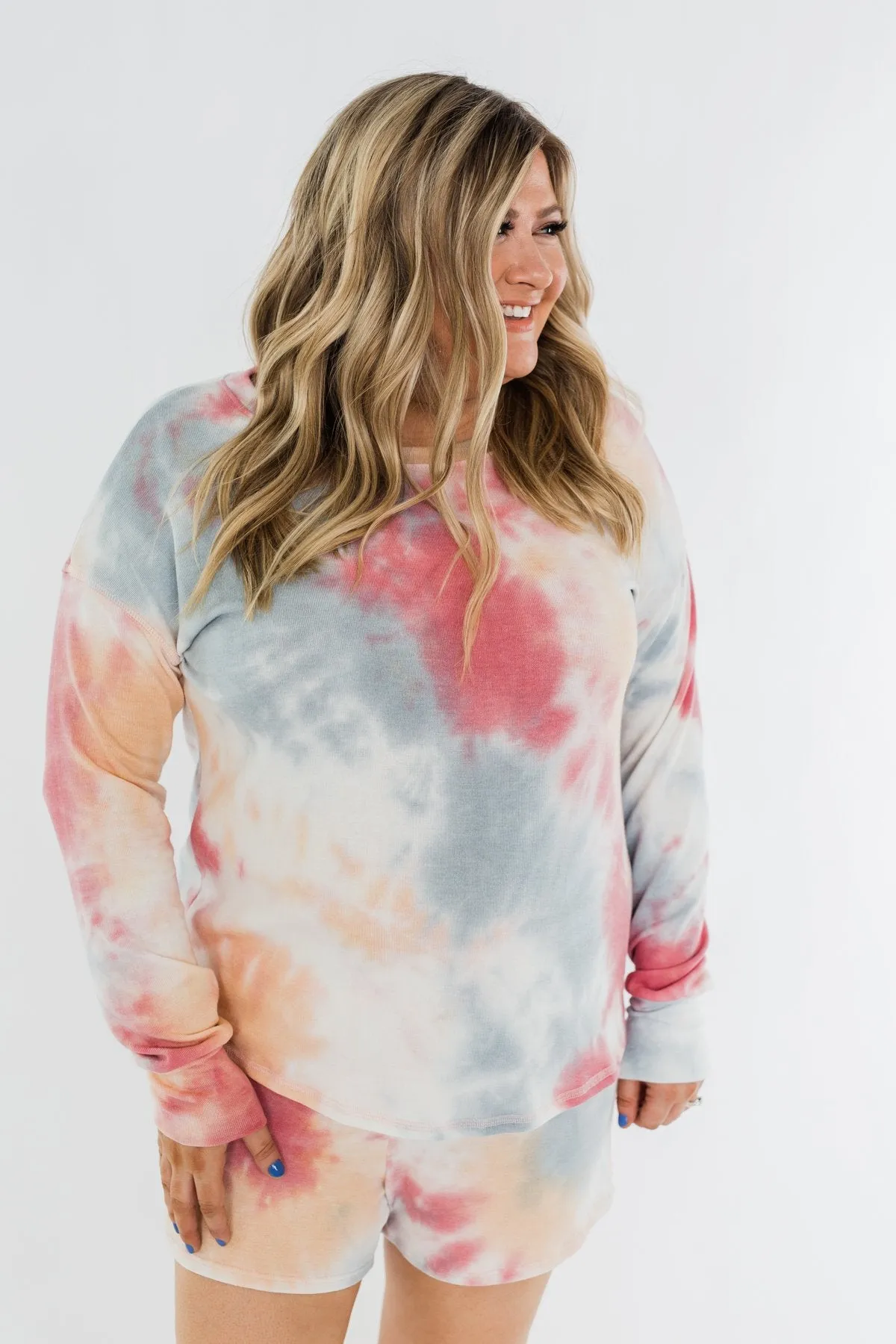 Tie Dye Lounge Pullover Top- Cherry, Light Orange, & Blue