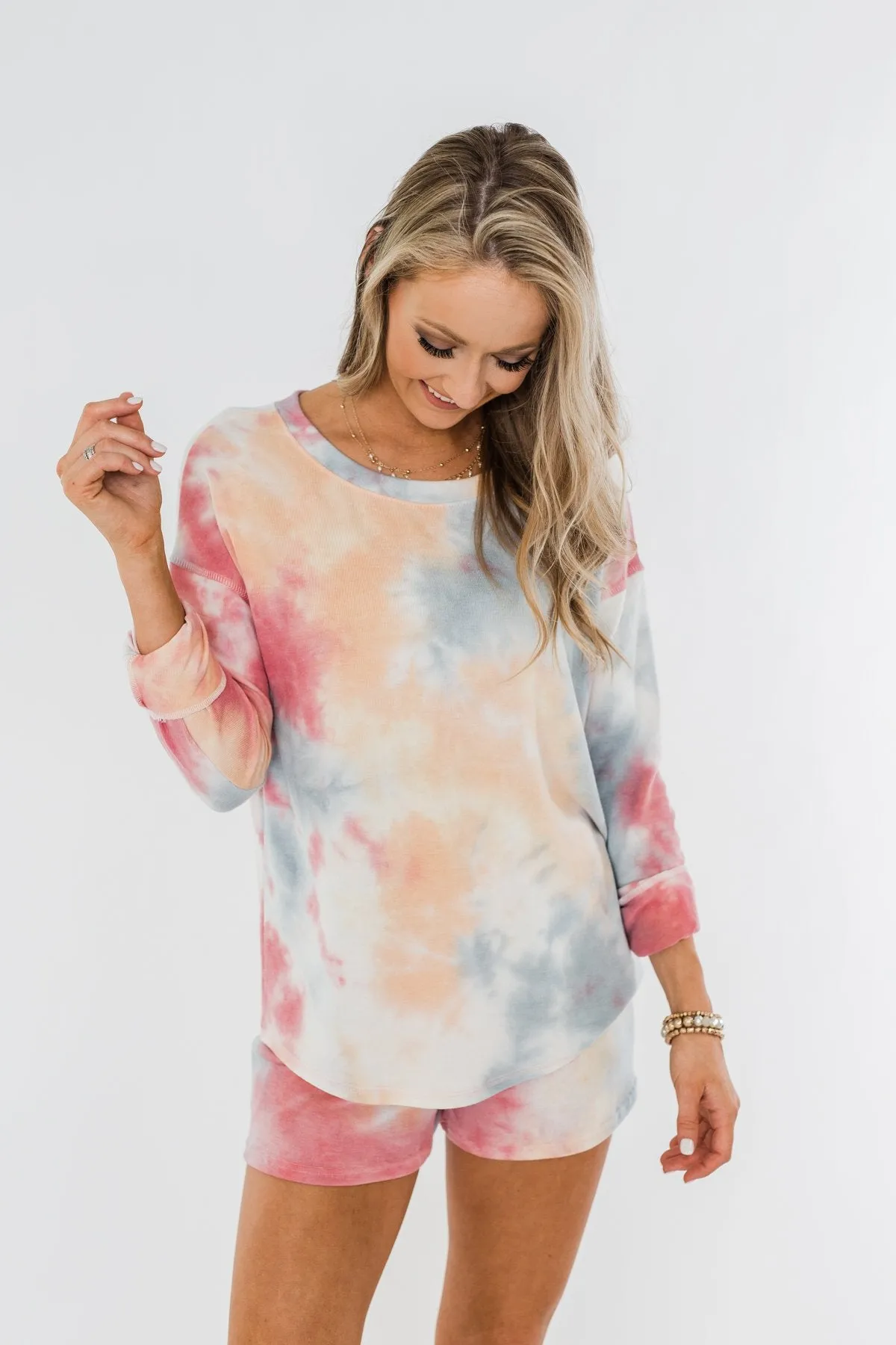 Tie Dye Lounge Pullover Top- Cherry, Light Orange, & Blue