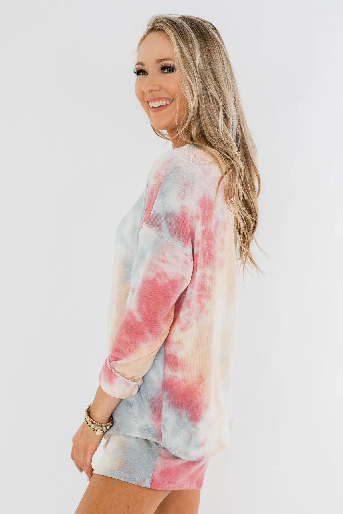 Tie Dye Lounge Pullover Top- Cherry, Light Orange, & Blue