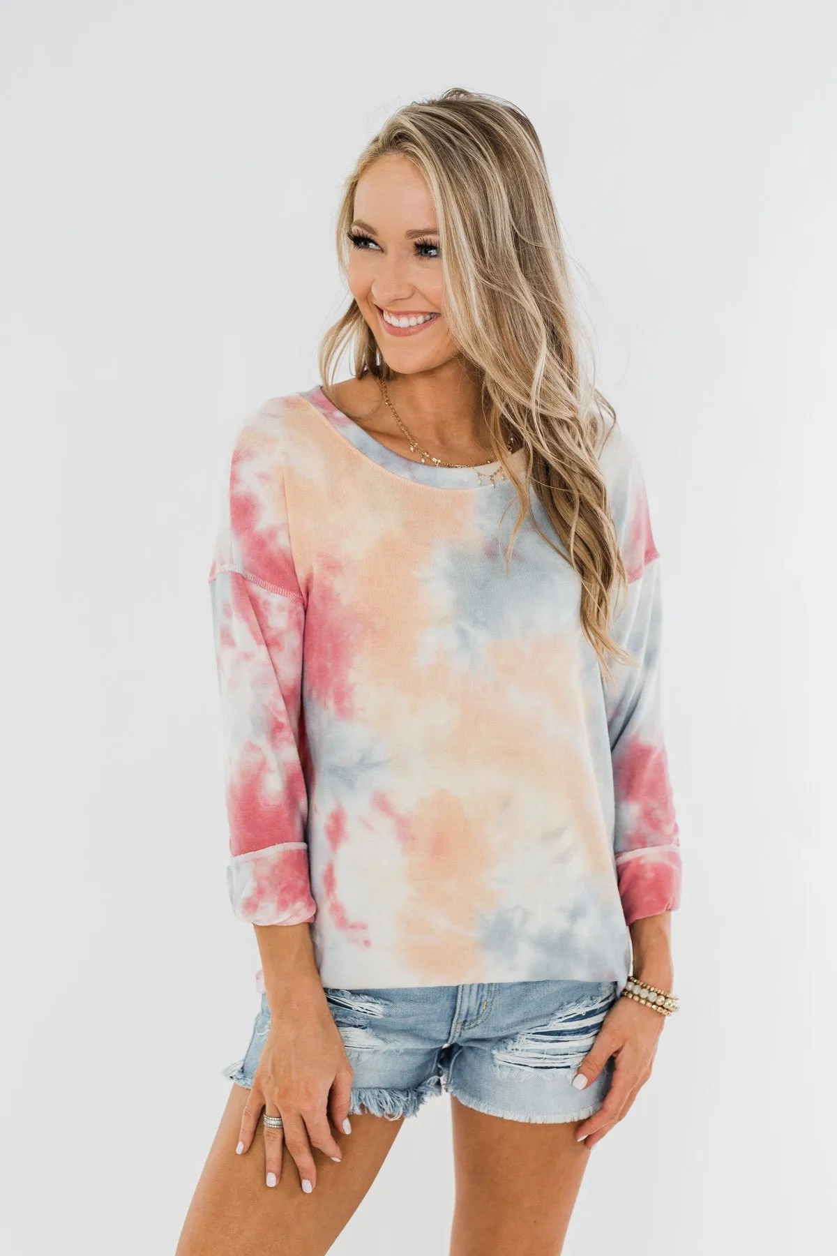 Tie Dye Lounge Pullover Top- Cherry, Light Orange, & Blue