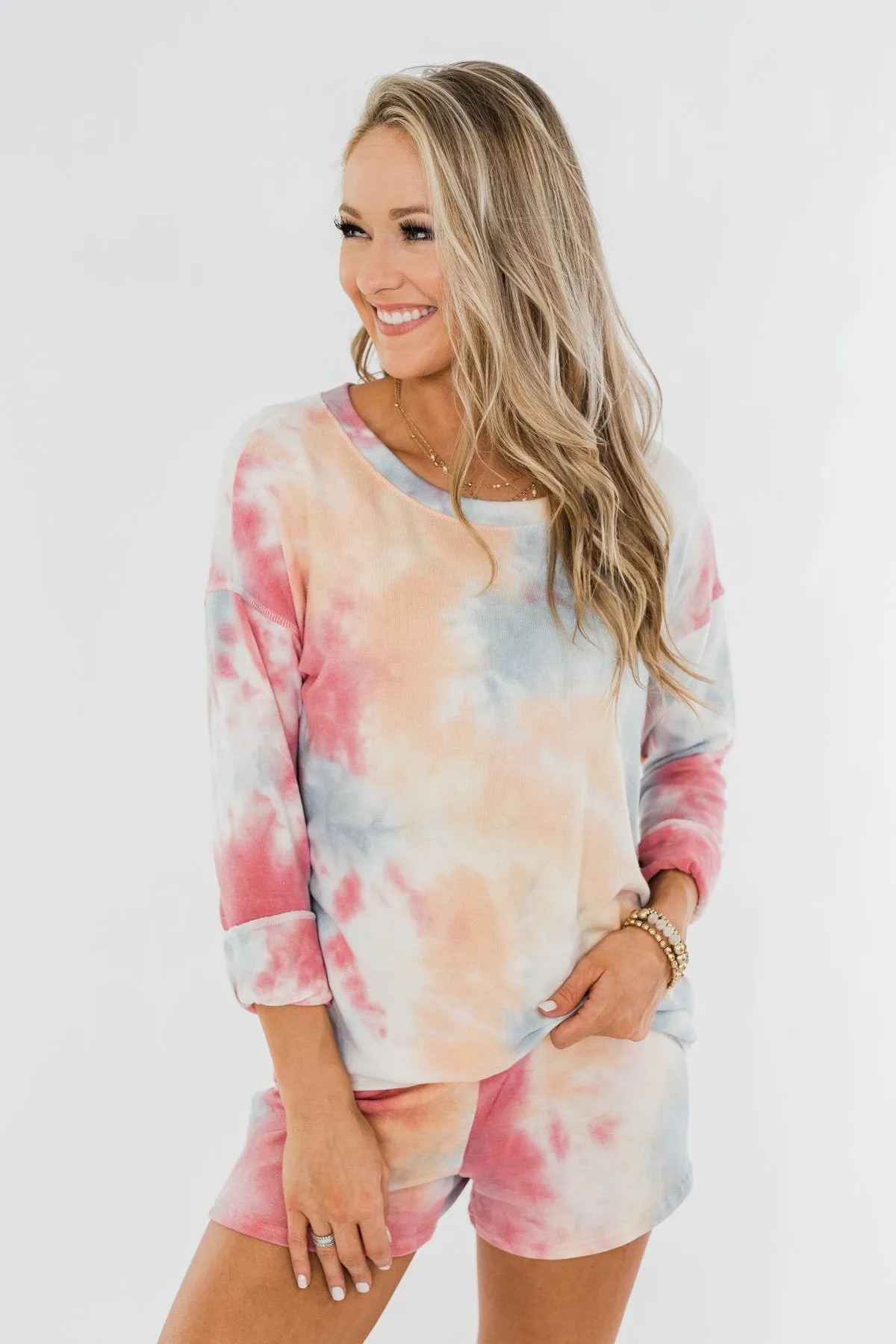 Tie Dye Lounge Pullover Top- Cherry, Light Orange, & Blue