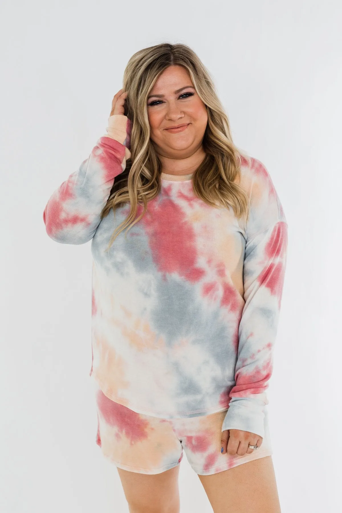 Tie Dye Lounge Pullover Top- Cherry, Light Orange, & Blue