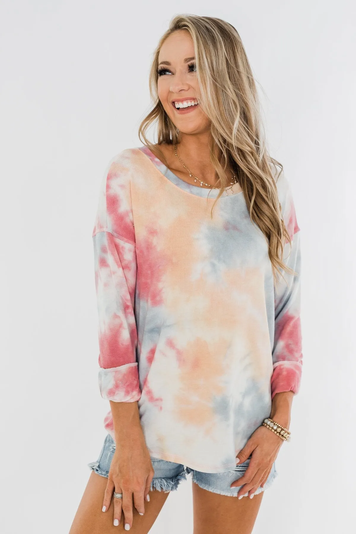 Tie Dye Lounge Pullover Top- Cherry, Light Orange, & Blue