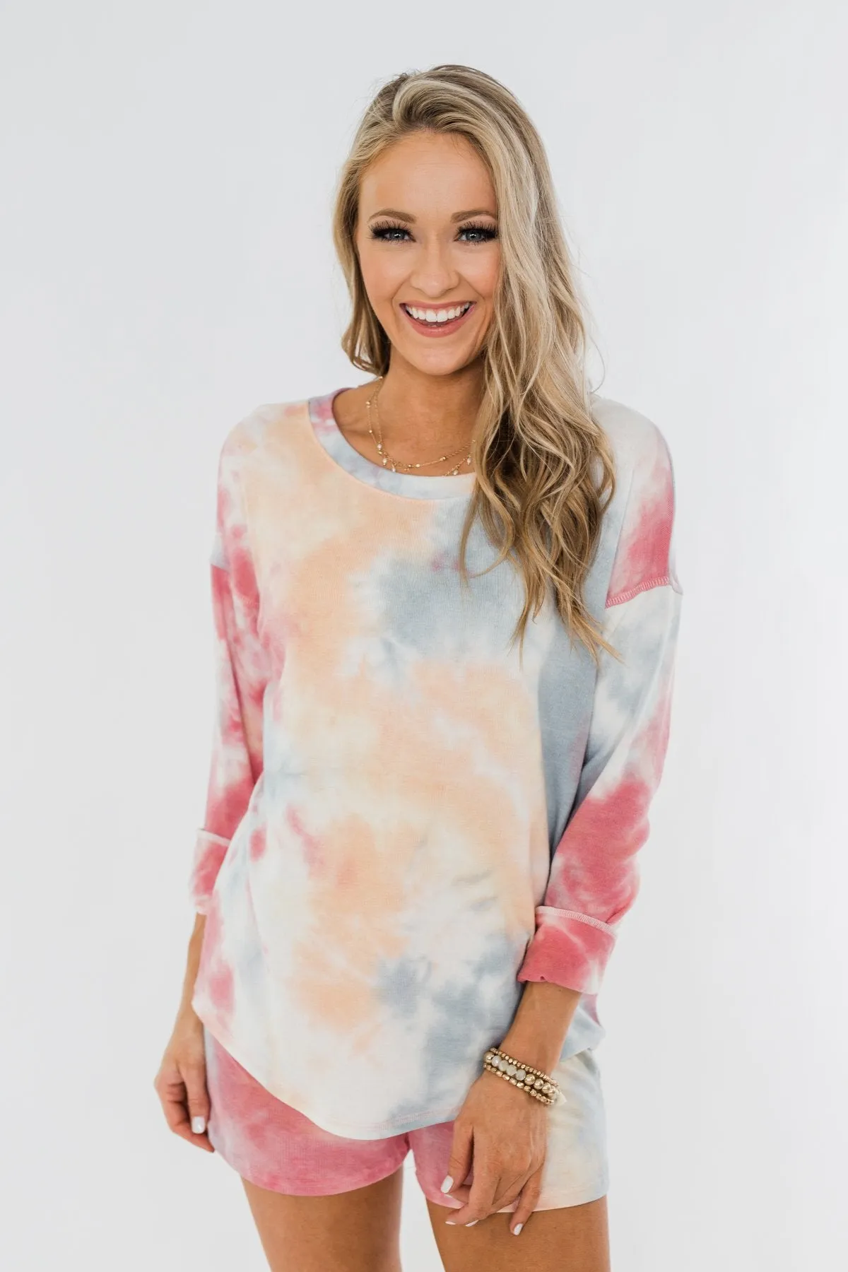 Tie Dye Lounge Pullover Top- Cherry, Light Orange, & Blue