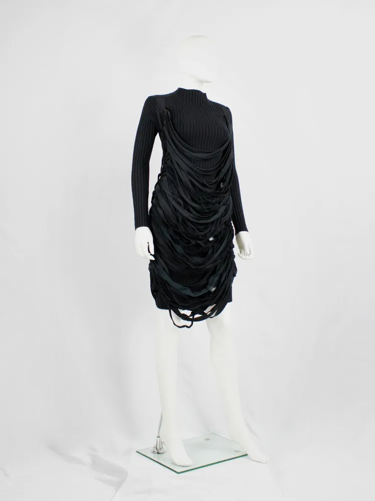 Undercover black knit dress with mock turtleneck and wrapped in shredded t-shirt straps — spring 2006