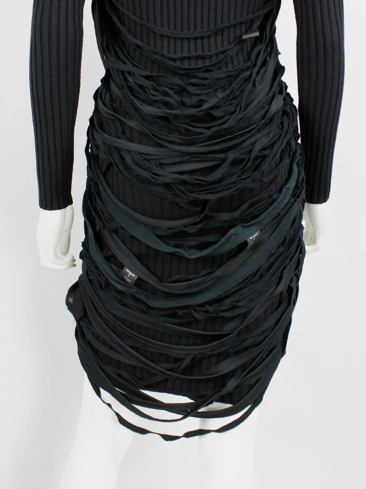 Undercover black knit dress with mock turtleneck and wrapped in shredded t-shirt straps — spring 2006