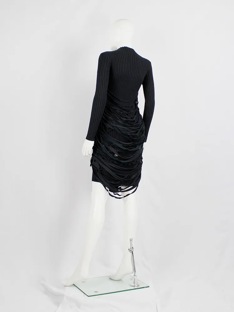 Undercover black knit dress with mock turtleneck and wrapped in shredded t-shirt straps — spring 2006