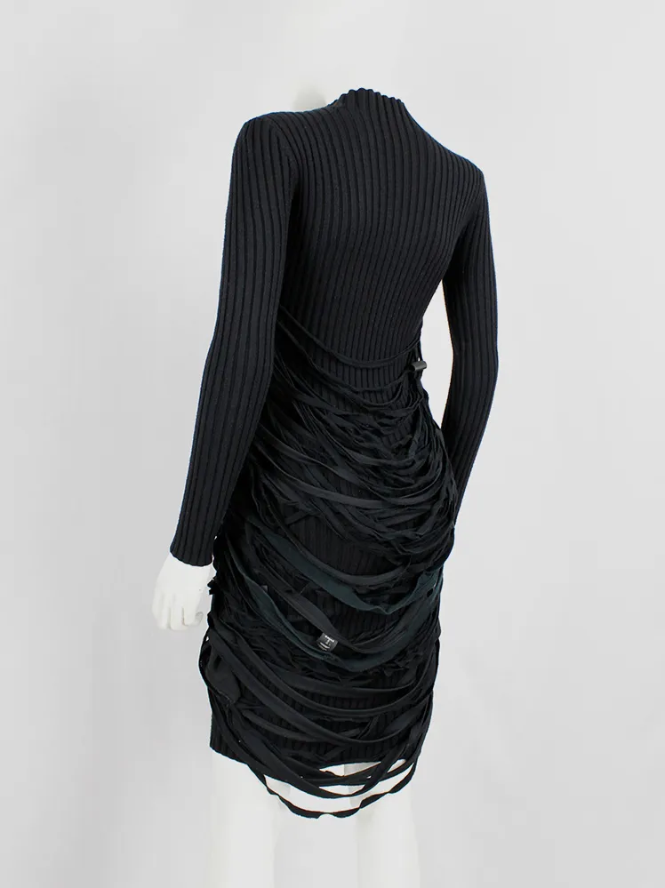 Undercover black knit dress with mock turtleneck and wrapped in shredded t-shirt straps — spring 2006