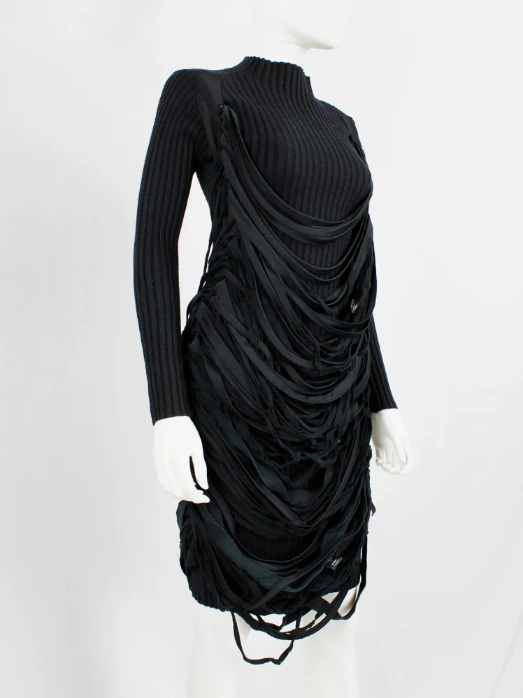 Undercover black knit dress with mock turtleneck and wrapped in shredded t-shirt straps — spring 2006