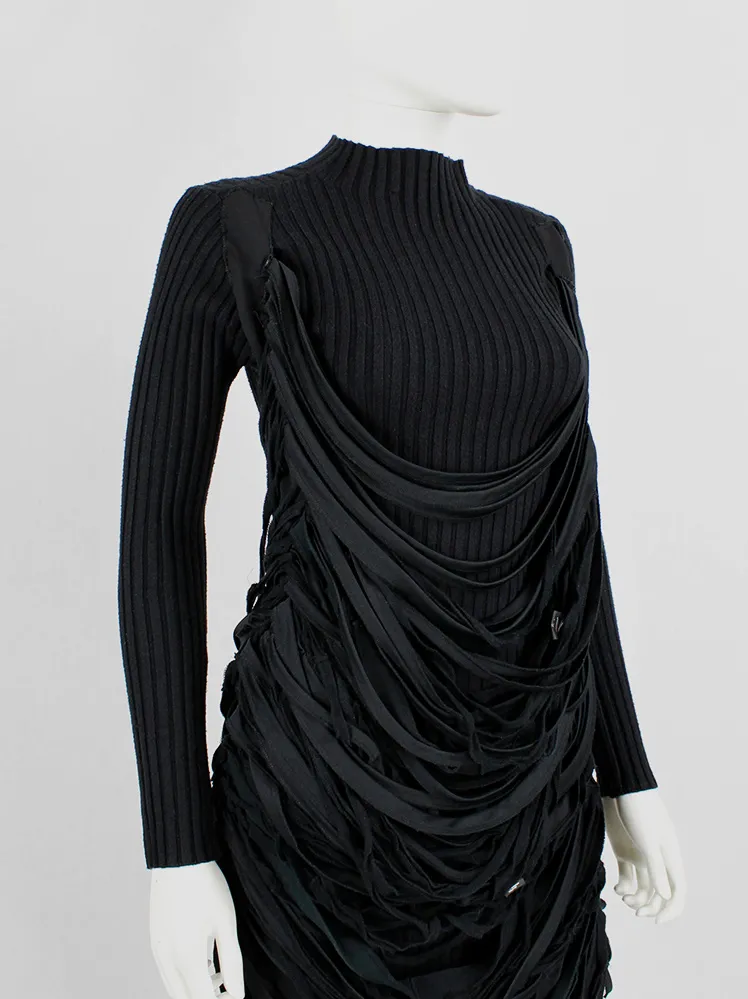 Undercover black knit dress with mock turtleneck and wrapped in shredded t-shirt straps — spring 2006