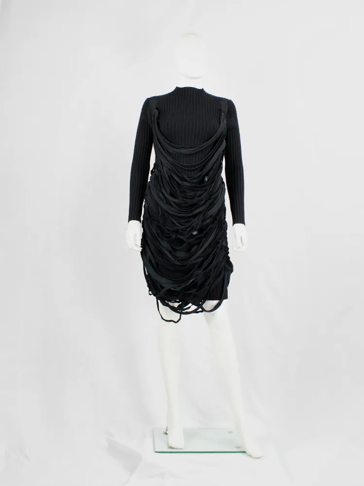 Undercover black knit dress with mock turtleneck and wrapped in shredded t-shirt straps — spring 2006