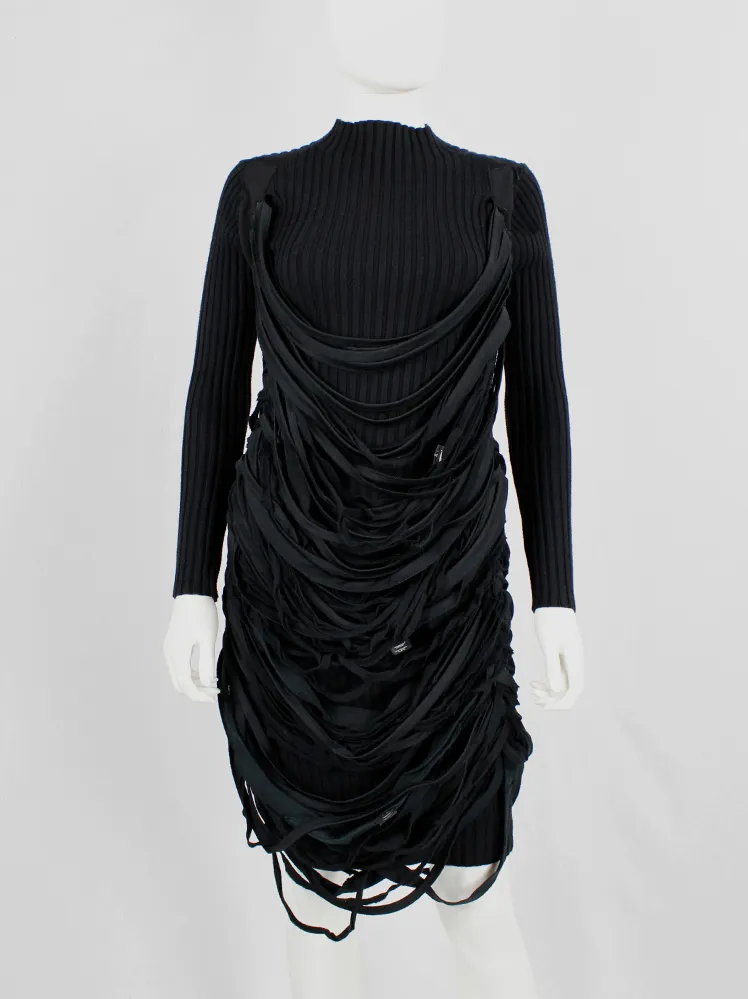 Undercover black knit dress with mock turtleneck and wrapped in shredded t-shirt straps — spring 2006