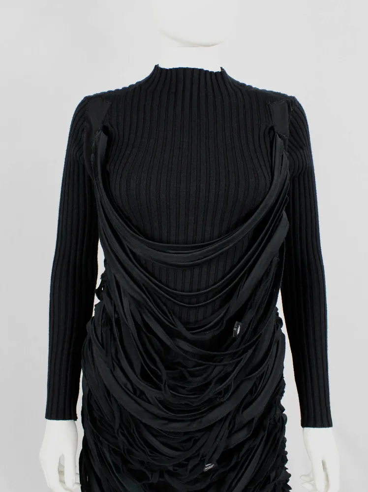 Undercover black knit dress with mock turtleneck and wrapped in shredded t-shirt straps — spring 2006