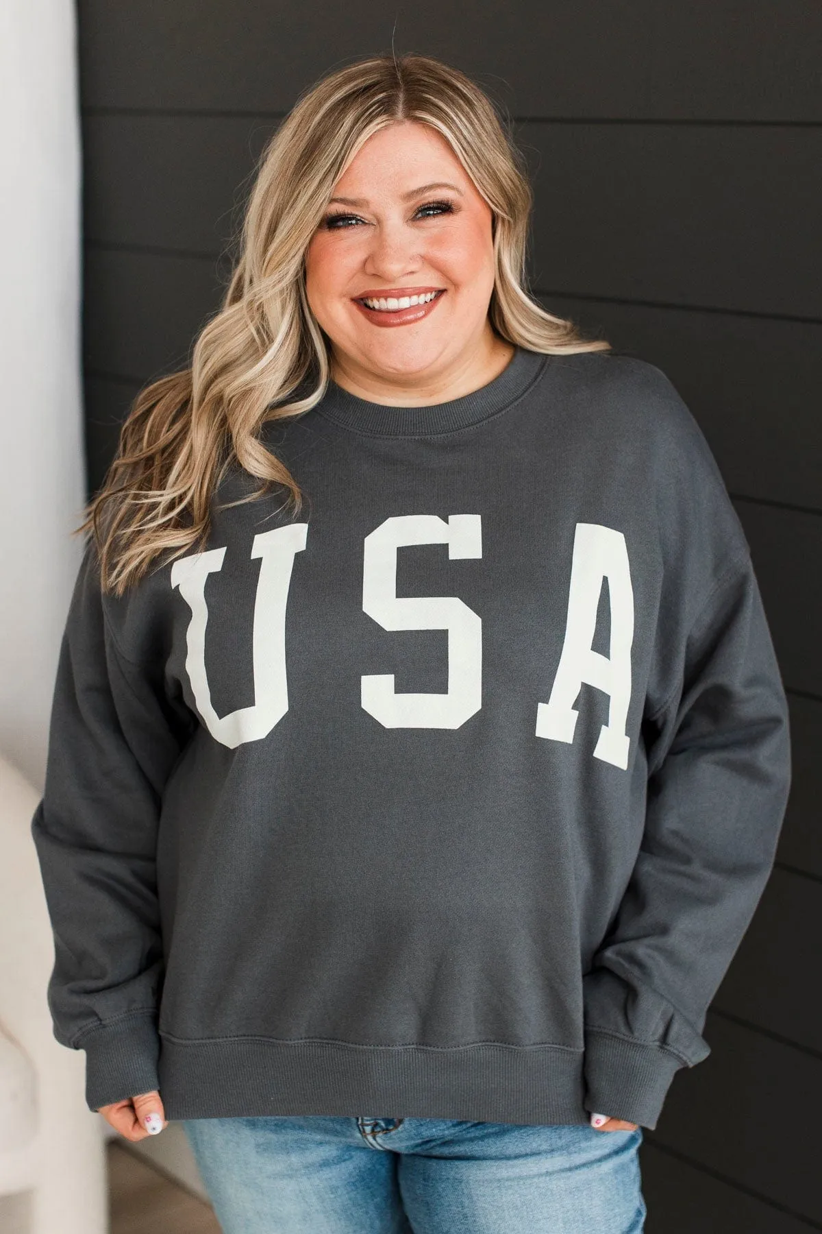 USA Crew Neck Pullover- Dark Grey