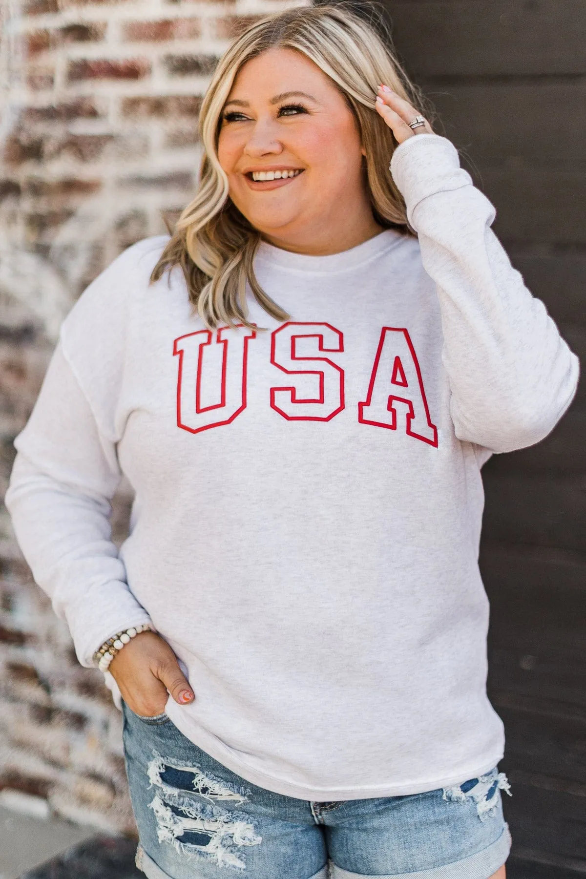 USA Crew Neck Pullover- Light Heather Grey