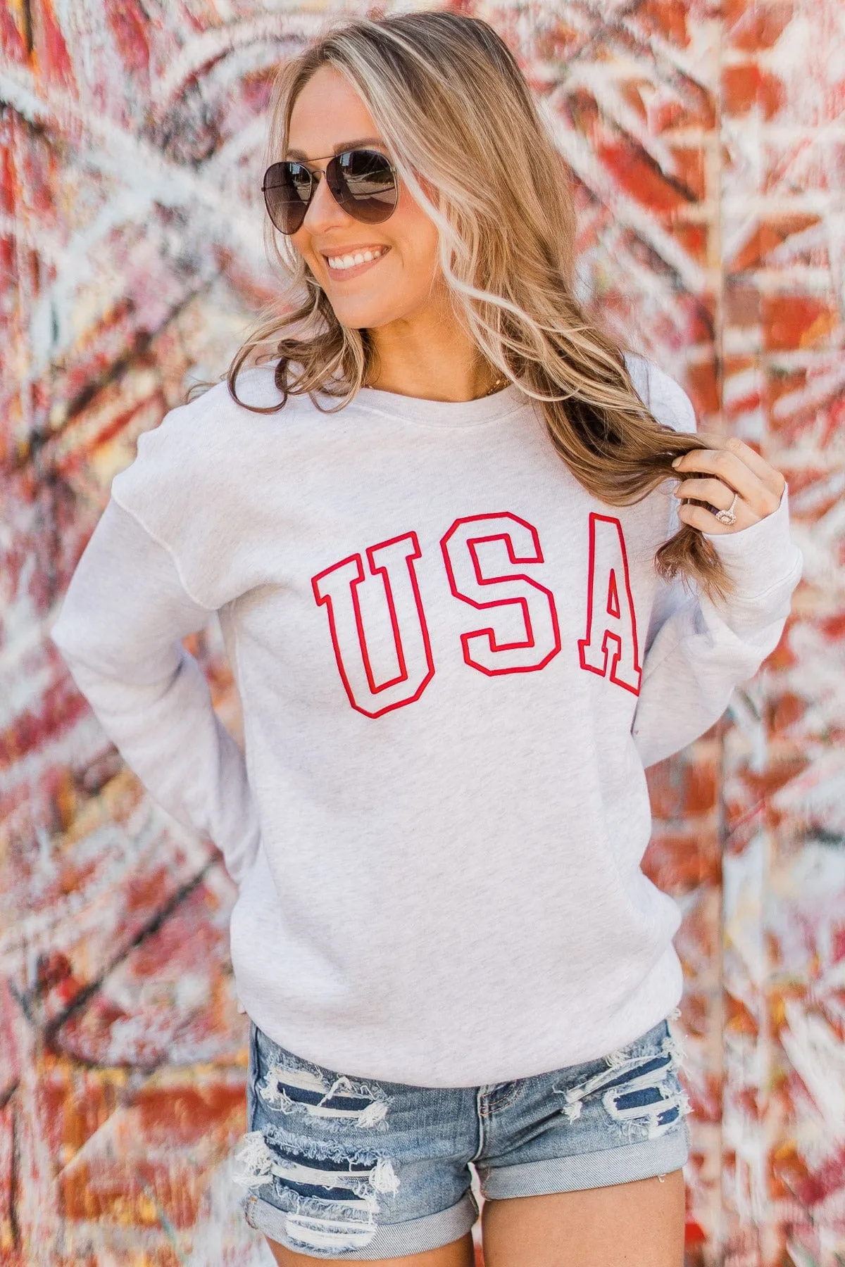 USA Crew Neck Pullover- Light Heather Grey