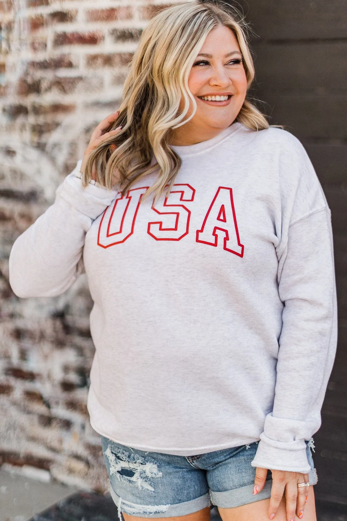 USA Crew Neck Pullover- Light Heather Grey