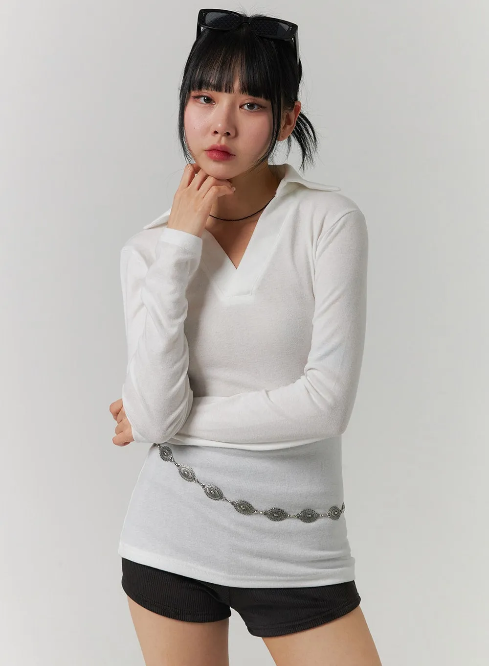 V-Neck Collar Long Sleeve Tee CJ419