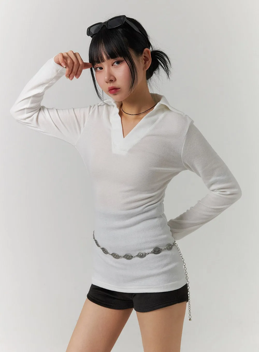 V-Neck Collar Long Sleeve Tee CJ419