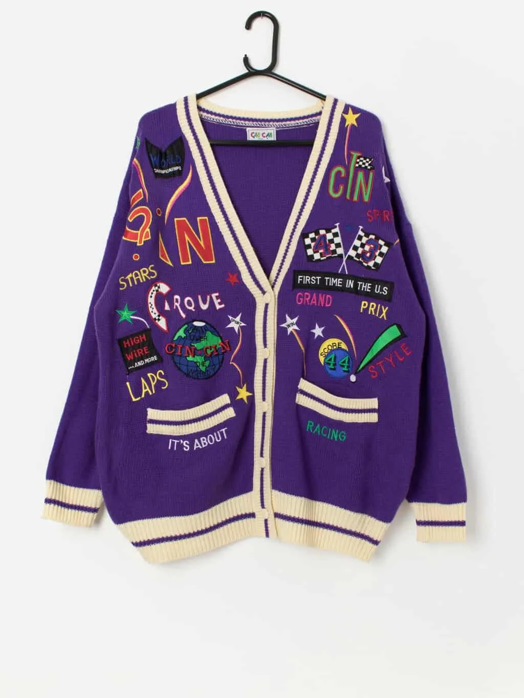 Vintage Cin Cin oversized purple cardigan with racing theme appliqué – Medium / Large