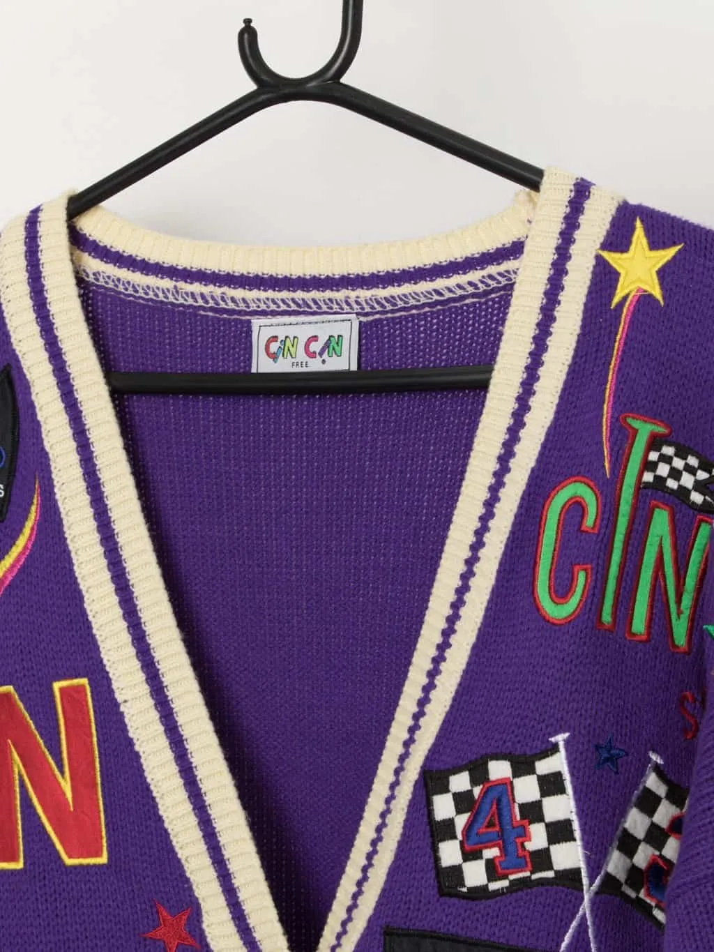 Vintage Cin Cin oversized purple cardigan with racing theme appliqué – Medium / Large