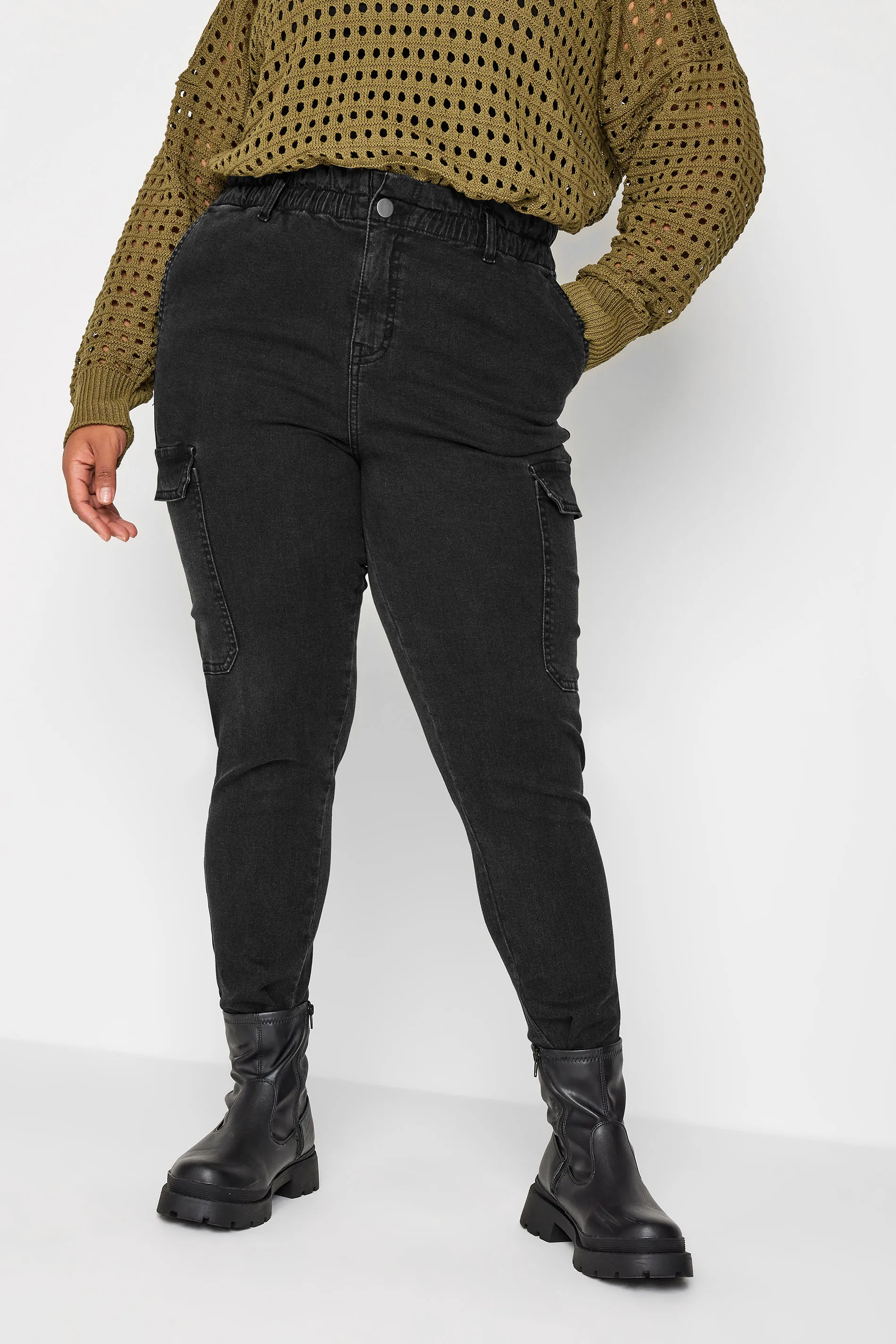 YOURS Curve Black Cargo Mom Jeans