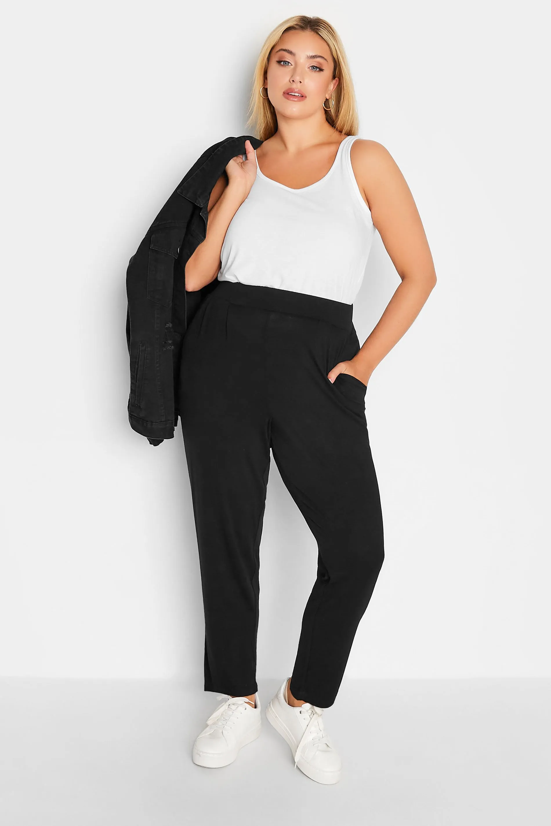 YOURS Curve Black Double Pleat Jersey Stretch Joggers